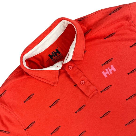 Helly Hansen Polo Shirt Mens L Red Short Sleeve Button Fish Print Made in Turkey - Picture 1 of 9